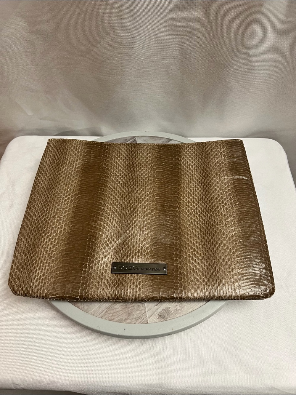 BCBGeneration Snakeskin Embossed Clutch Bag Brown Taupe Zip Top